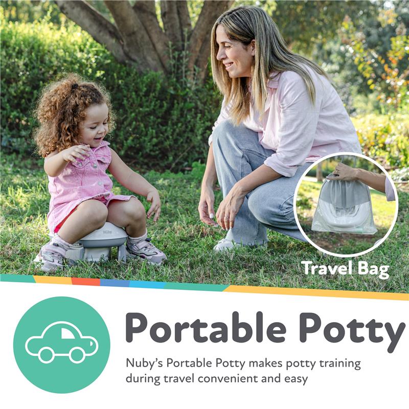 Nuby Portable Potty Seat with a child using it outdoors while an adult smiles nearby; includes a travel bag in the corner.