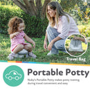Nuby Portable Potty Seat with a child using it outdoors while an adult smiles nearby; includes a travel bag in the corner.