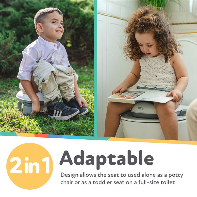 Nuby portable potty seat shown in use by a boy on grass and a girl reading on a full-size toilet, highlighting its adaptability.