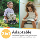 Nuby portable potty seat shown in use by a boy on grass and a girl reading on a full-size toilet, highlighting its adaptability.