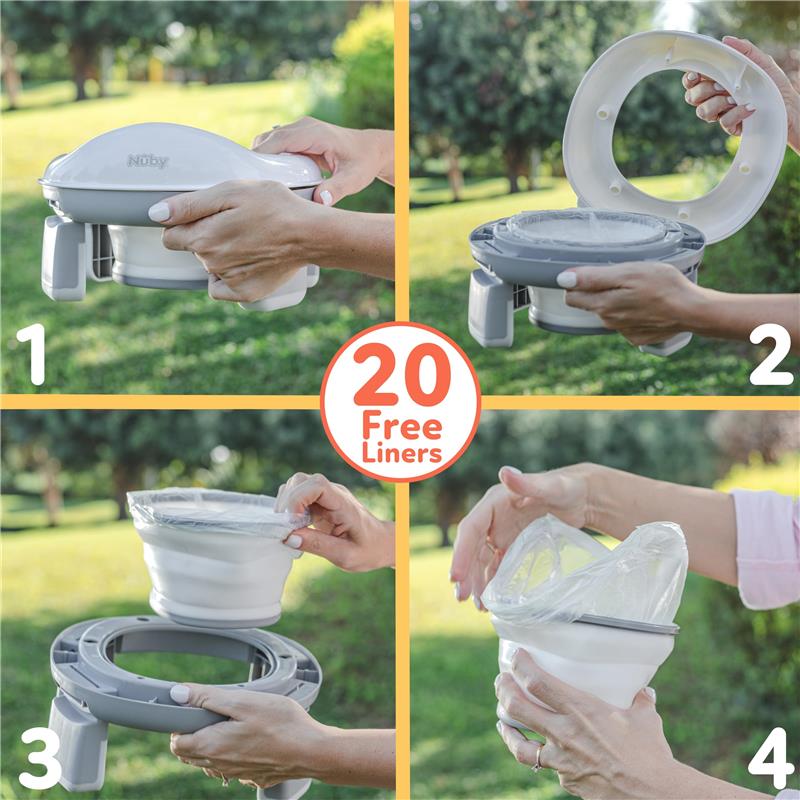 Nuby On-The-Go Portable Potty Seat being demonstrated in four steps; includes 20 free liners.