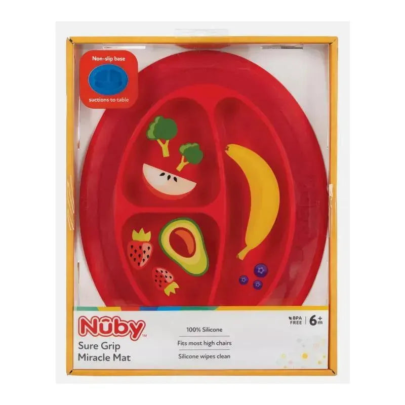 Ovular red silicone feeding mat with sectioned compartments for food, featuring fruits like banana and avocado, and a non-slip base.