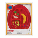 Ovular red silicone feeding mat with sectioned compartments for food, featuring fruits like banana and avocado, and a non-slip base.