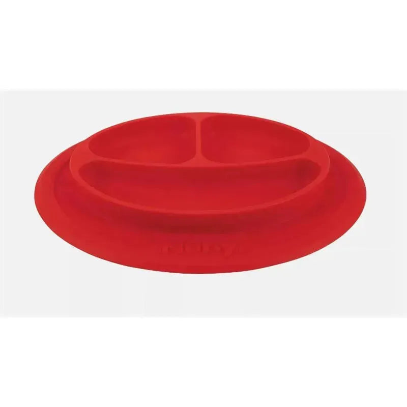 Red silicone feeding mat by Nuby, featuring three sectioned compartments for portion control.