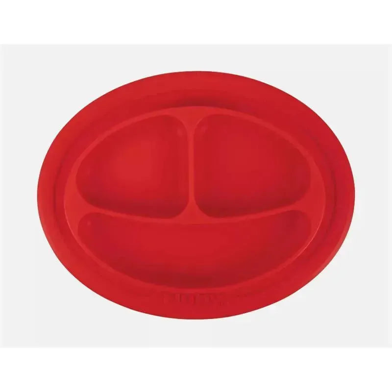 Red silicone feeding mat with three sectioned compartments, designed for children’s mealtime activities.