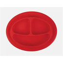 Red silicone feeding mat with three sectioned compartments, designed for children’s mealtime activities.