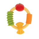 Soft silicone teether shaped like pasta, featuring a red tomato, green and yellow textured pasta shapes, suitable for infants.