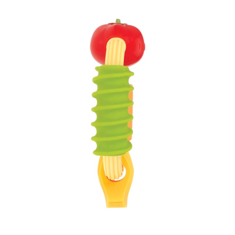 Soft silicone teether in the shape of a pasta ring, featuring a red tomato top and multi-textured surfaces for sensory exploration.