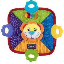 Plush teething blankie featuring a colorful lion face and multiple textured handles for infants to grip.