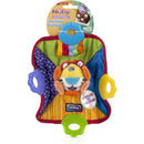 Plush teething blankie by Nuby featuring a colorful, patterned fabric with a smiling lion face and multiple toy grips.
