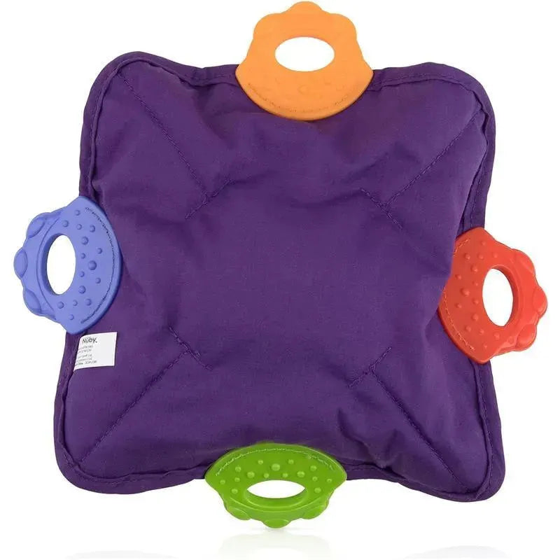 Plush teething blankie by Nuby, featuring a square purple fabric body with four colorful teething rings attached.
