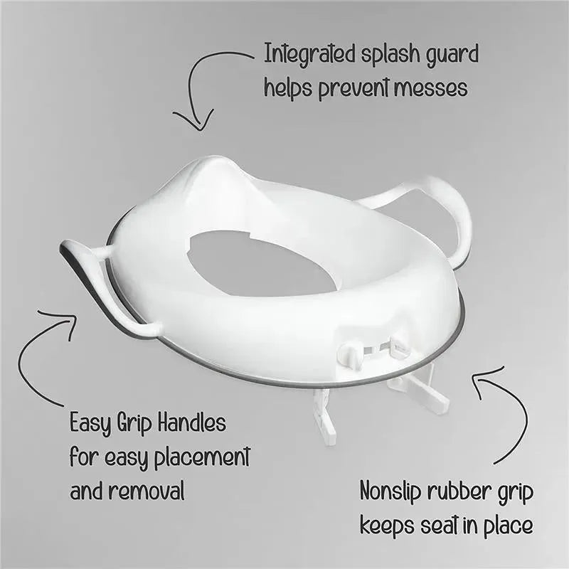 Potty Topper with handles in white, featuring an integrated splash guard, easy grip handles, and nonslip rubber grip for secure placement.