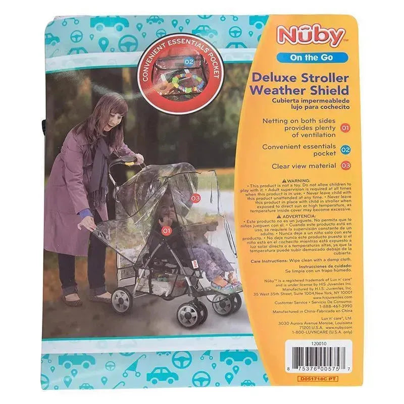 Nuby Deluxe Stroller Weather Shield displayed on packaging, showing a woman using it with a child in a stroller.