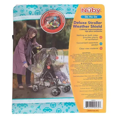 Nuby Deluxe Stroller Weather Shield displayed on packaging, showing a woman using it with a child in a stroller.