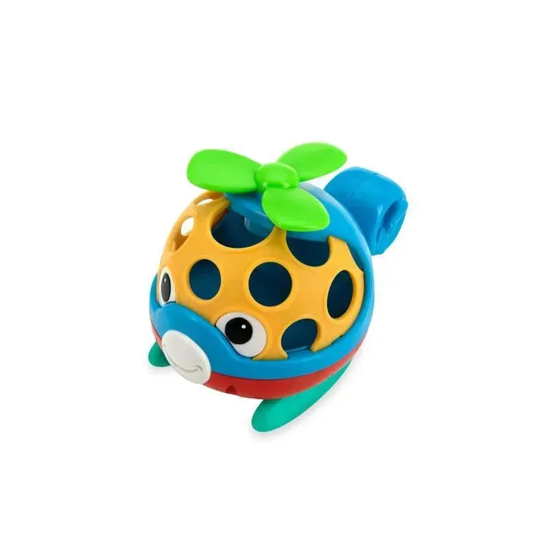 Colorful Nuby Rattle Pals helicopter toy featuring a smiling face, a green propeller, and multiple holes for grasping.