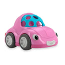 Pink car toy from Nuby, featuring a smiling face, round windows, and colorful design, suitable for infants.