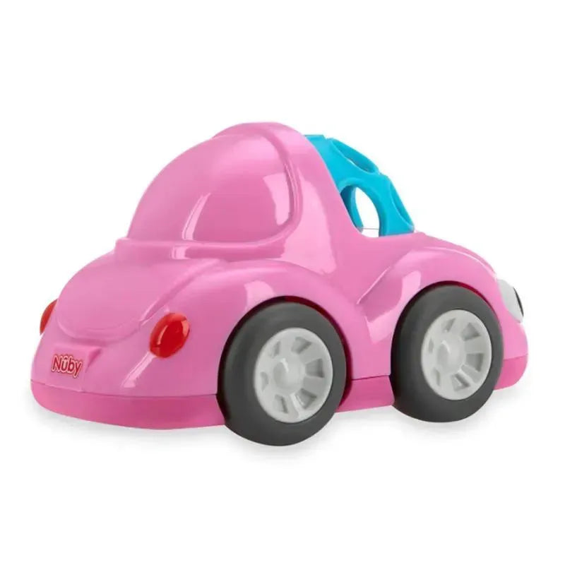 Pink toy car by Nuby featuring large black wheels and a blue convertible top, designed for infant play.