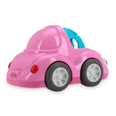 Pink toy car by Nuby featuring large black wheels and a blue convertible top, designed for infant play.