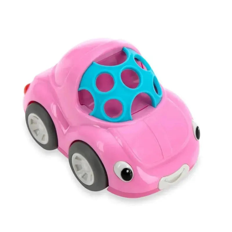 Pink toy car with a playful design, featuring a blue rattle in the back and large cartoon-style eyes.