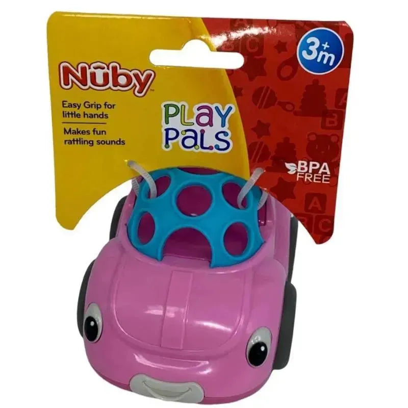 Nuby Rattle Pals, a pink toy car with a blue grasping feature, designed for infants aged 3 months and up, BPA free.