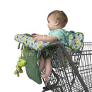 Nuby shopping cart and high chair cover in diamond print, featuring a baby seated with a toy attached.