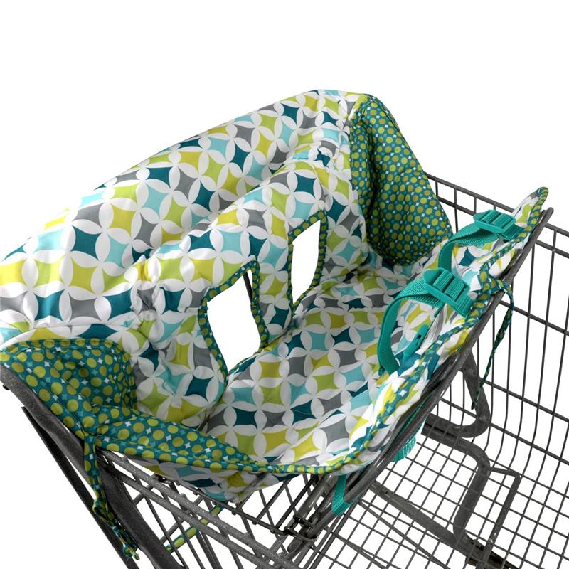 Nuby Shopping Cart and High Chair Cover in diamond print with teal, green, and gray patterns, featuring safety harness openings.