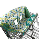 Nuby Shopping Cart and High Chair Cover in diamond print with teal, green, and gray patterns, featuring safety harness openings.