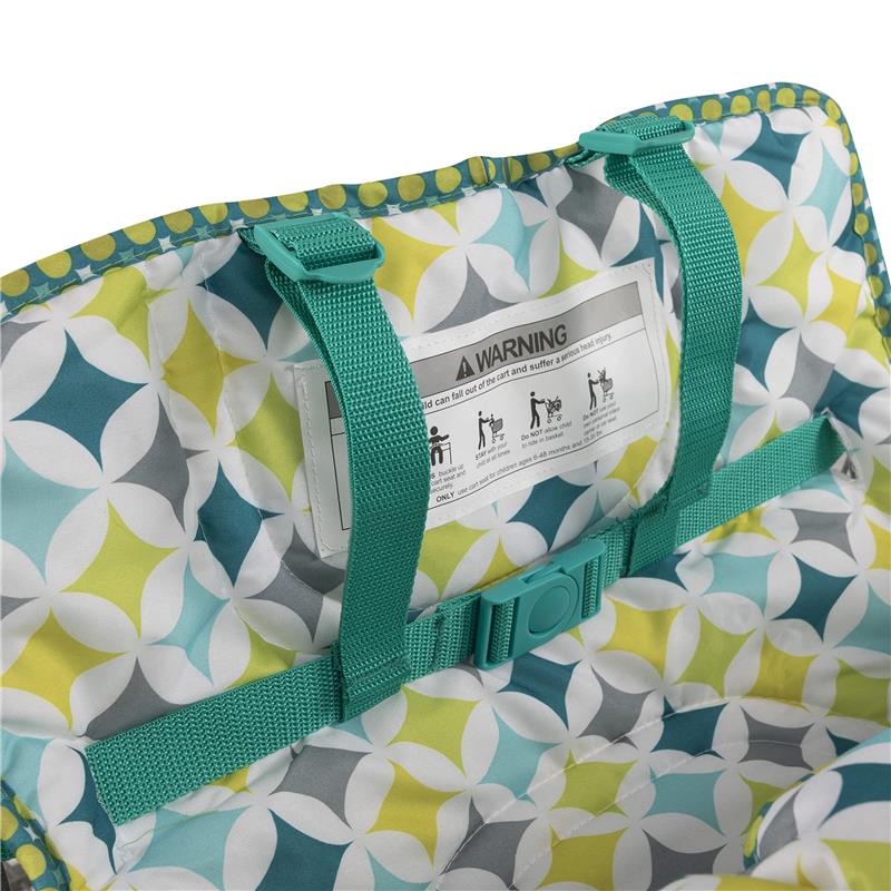 Shopping cart and high chair cover featuring a colorful diamond print with safety straps and warning label.