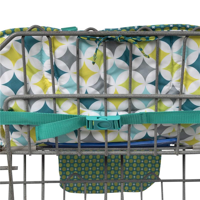 Nuby shopping cart and high chair cover in diamond print, featuring colorful patterns and a secure buckle strap.