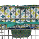 Nuby shopping cart and high chair cover in diamond print, featuring colorful patterns and a secure buckle strap.