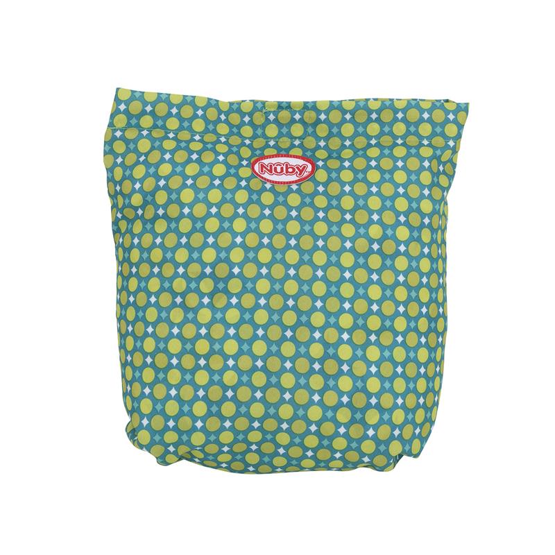 Nuby shopping cart and high chair cover in a diamond print, featuring a blue background with yellow and white circular patterns.
