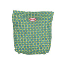 Nuby shopping cart and high chair cover in a diamond print, featuring a blue background with yellow and white circular patterns.