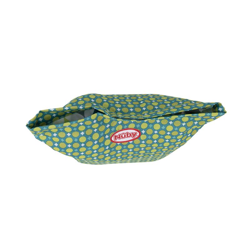 Nuby shopping cart and high chair cover in diamond print, featuring a blue background with yellow dots.