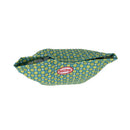 Nuby shopping cart and high chair cover in diamond print, featuring a blue background with yellow dots.