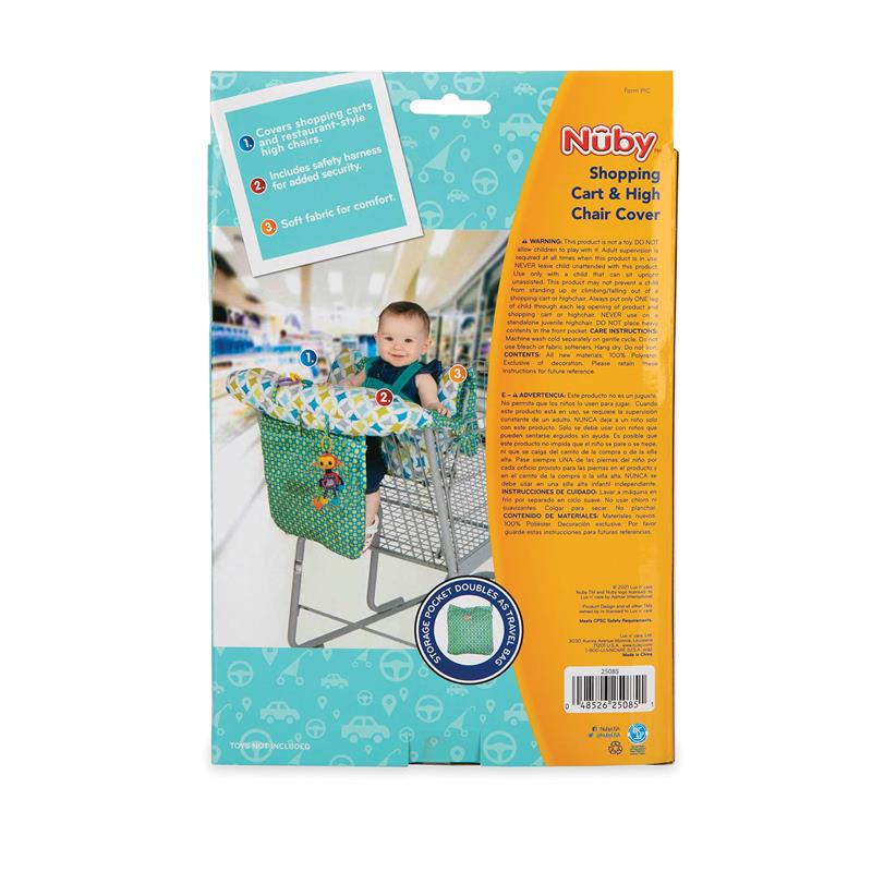 Nuby shopping cart and high chair cover in diamond print, featuring a smiling baby, storage pocket, and safety harness.