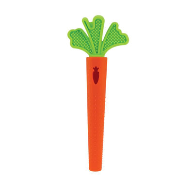 Silicone carrot-shaped teething toy in vibrant orange and green, designed for baby teething relief.