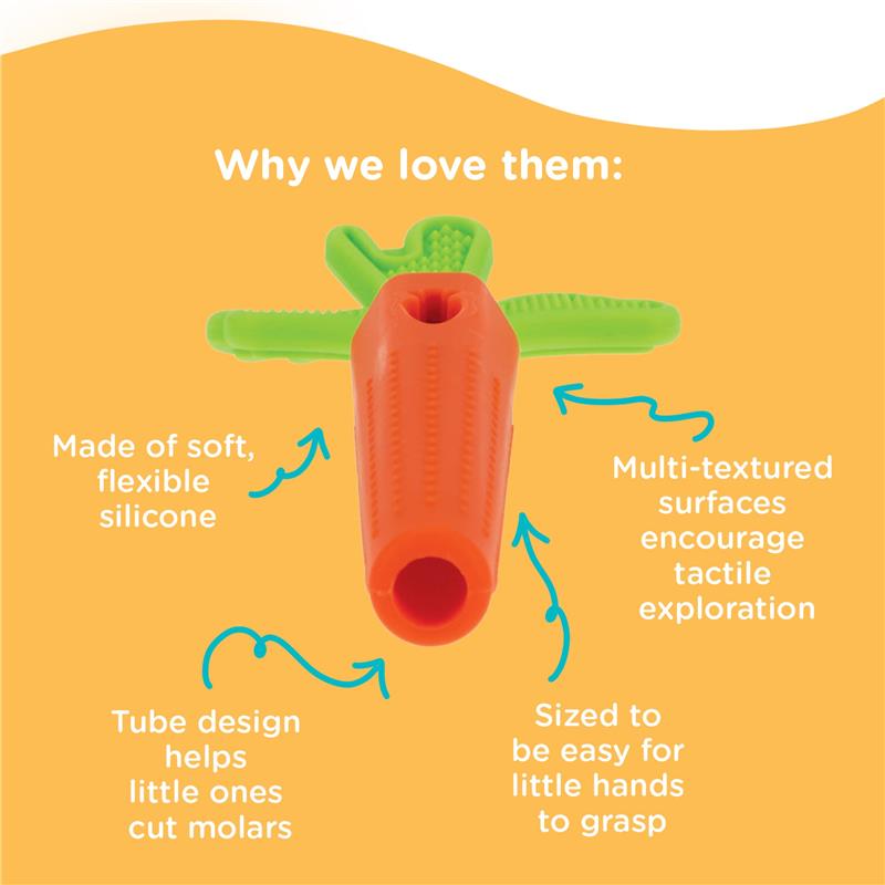 Silicone carrot tube teether in orange and green, designed for babies to aid teething with textured surfaces and easy grip.