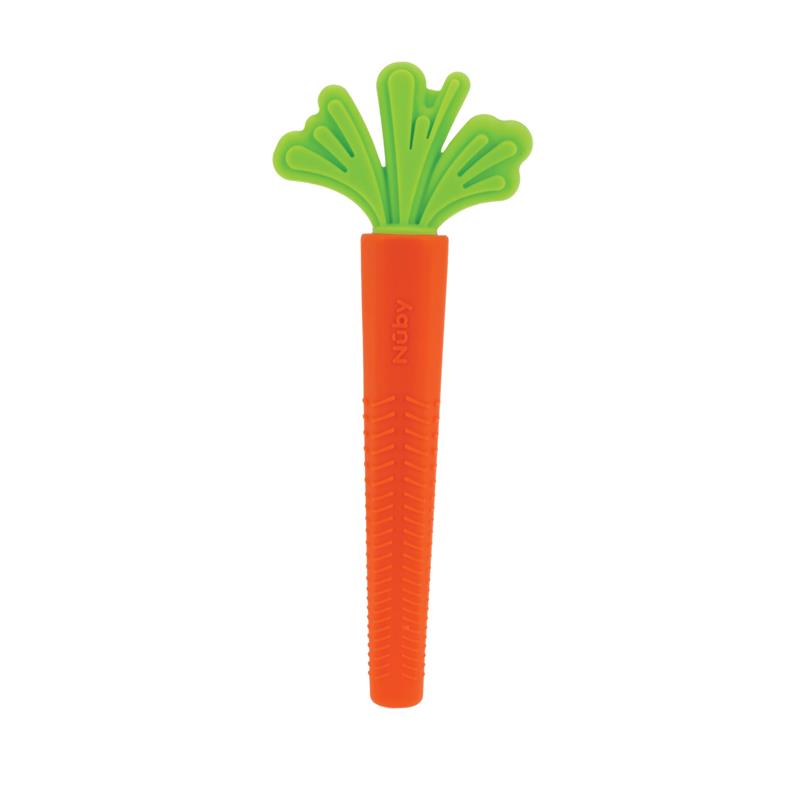 Silicone carrot-shaped teether in orange and green, designed for soothing baby teething discomfort.