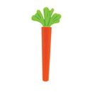 Silicone carrot-shaped teether in orange and green, designed for soothing baby teething discomfort.