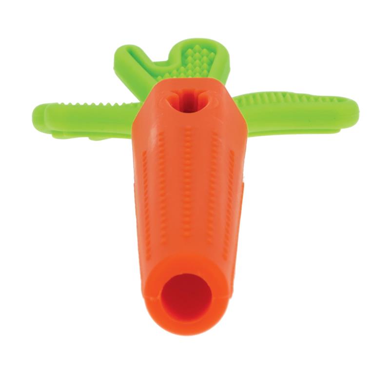Silicone carrot-shaped teether in orange and green, designed for soothing babies during teething.