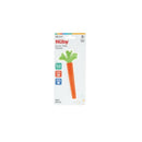 Nuby Carrot Tube Teether, an orange silicone baby teething toy with green leafy top, designed for soothing and relief.