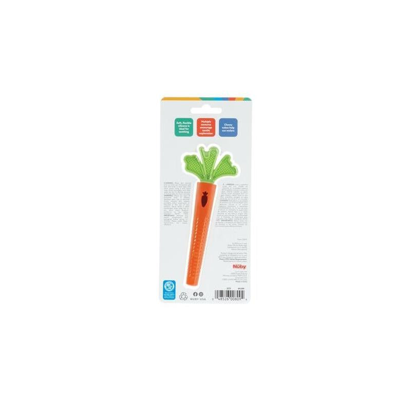 Nuby silicone carrot tube teether features an orange body with green leaves, designed for baby teething relief.