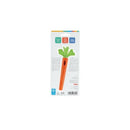 Nuby silicone carrot tube teether features an orange body with green leaves, designed for baby teething relief.