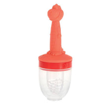 Silicone feeder and post teether by Nuby, featuring a smiling dinosaur-shaped handle and a clear container for food.