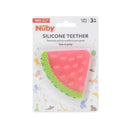 Silicone fruit teether shaped like a watermelon, featuring a textured surface for soothing sore gums, packaged for infants 3 months and older.
