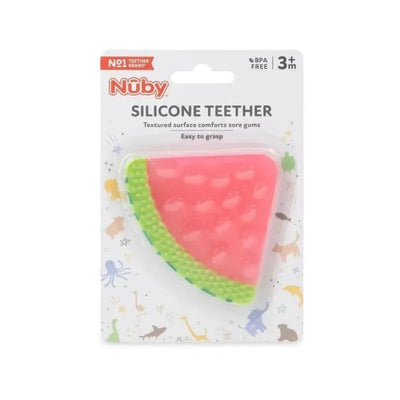 Silicone fruit teether shaped like a watermelon, featuring a textured surface for soothing sore gums, packaged for infants 3 months and older.