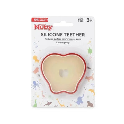 Silicone fruit teether by Nuby featuring a textured surface, designed for soothing sore gums, packaged with colorful animal illustrations.