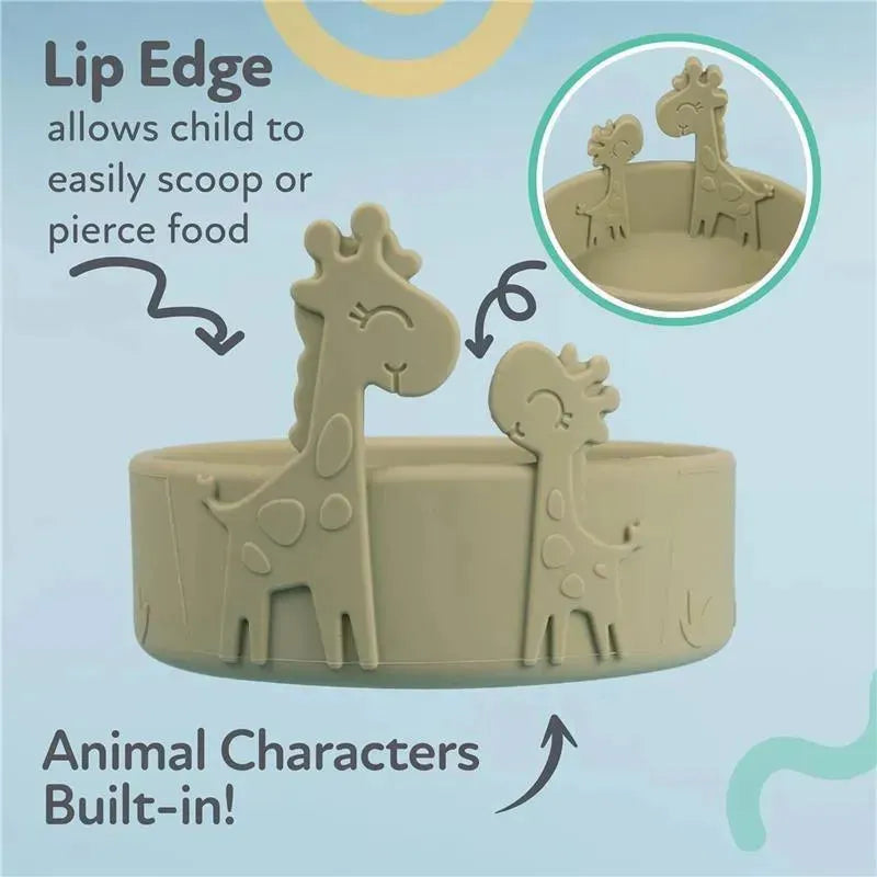 Silicone giraffe baby feeding bowl in green with built-in animal characters and a lip edge for easy scooping.