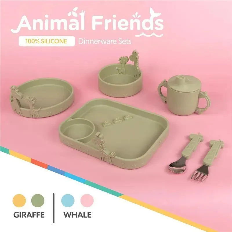 Silicone baby feeding bowl set featuring giraffe designs, includes plates, a cup, and utensils on a pink background.