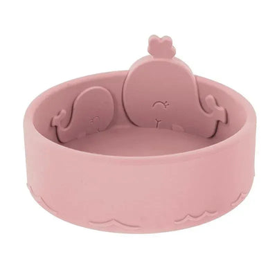 Pink silicone whale-shaped baby feeding bowl featuring a playful design with whales on the side.